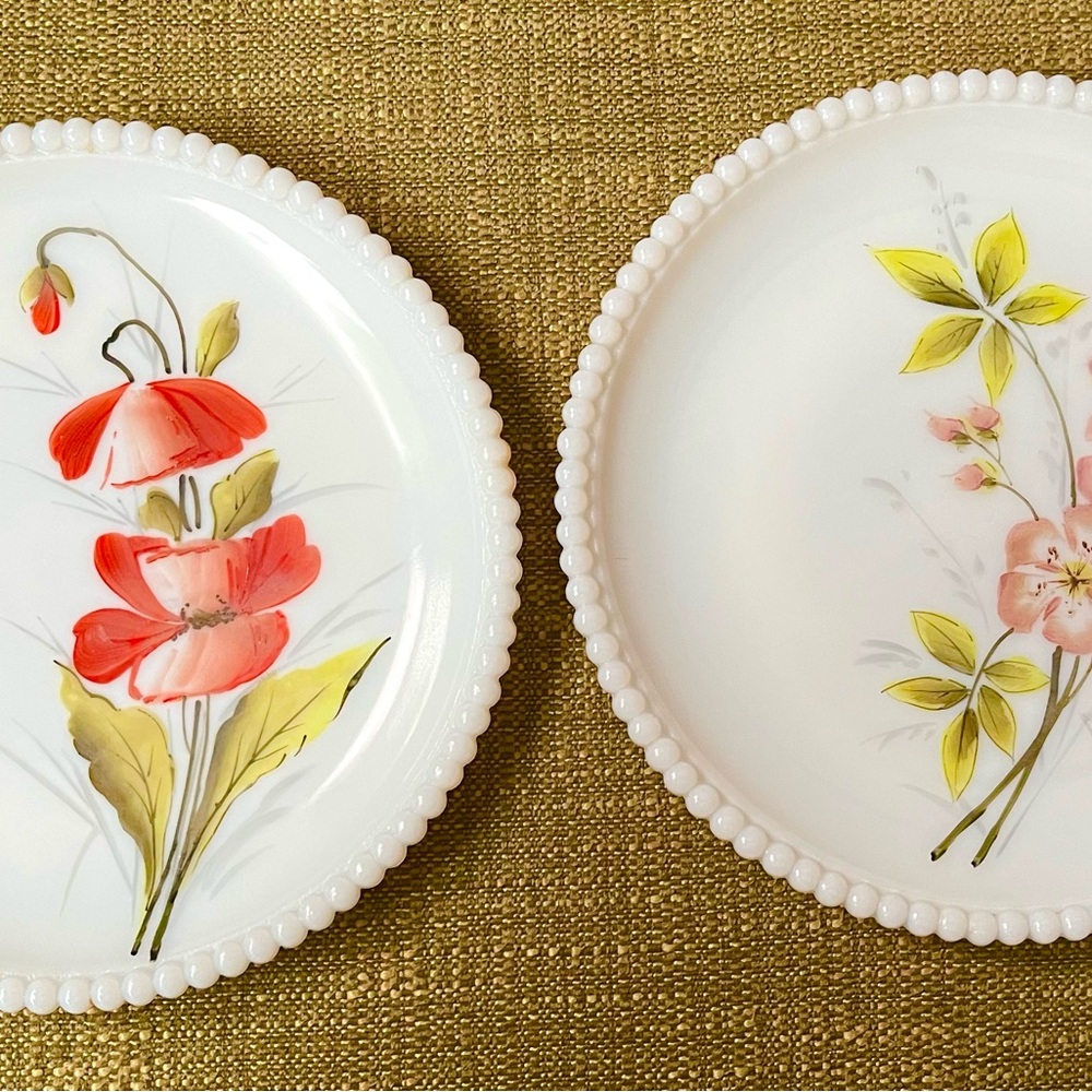 Westmoreland Beaded Edge Milk Glass Handpainted Plates Red Poppy& Pink Pansy Set